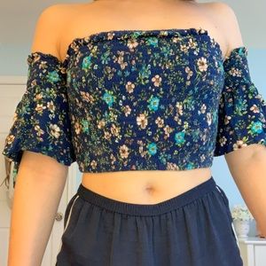 Dark Blue Floral And Smocked Crop Top